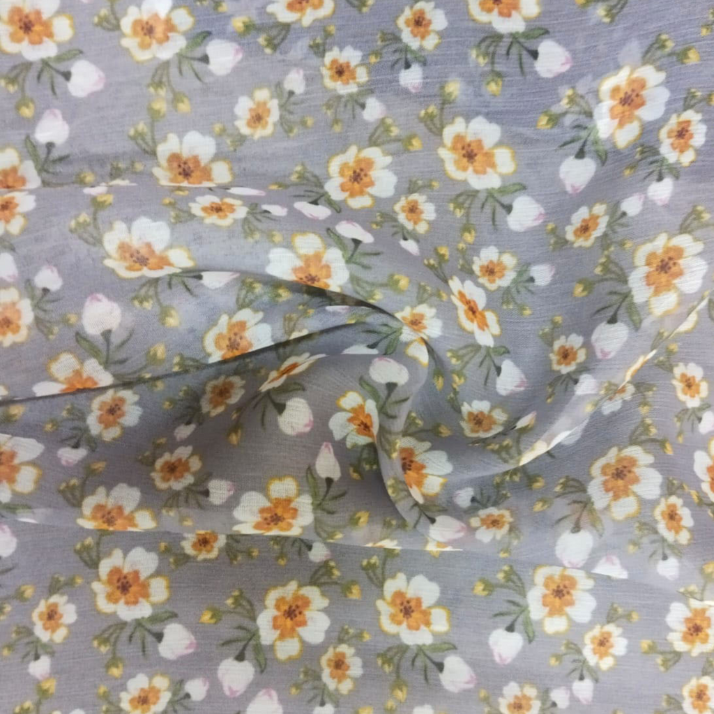 Ditsy Floral Printed Fabric Material Floral Chiffon Grey