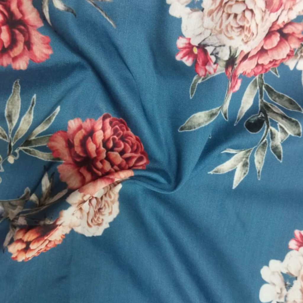 Floral Printed Fabric Material Floral Chanderi Blue