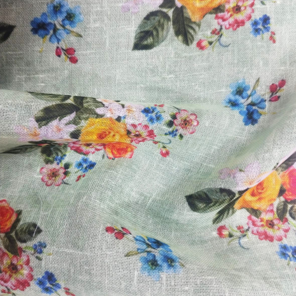 Floral Printed Fabric Material Floral Linen Green