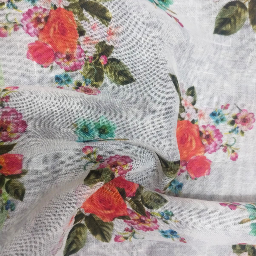 Floral Printed Fabric Material Floral Linen Orange