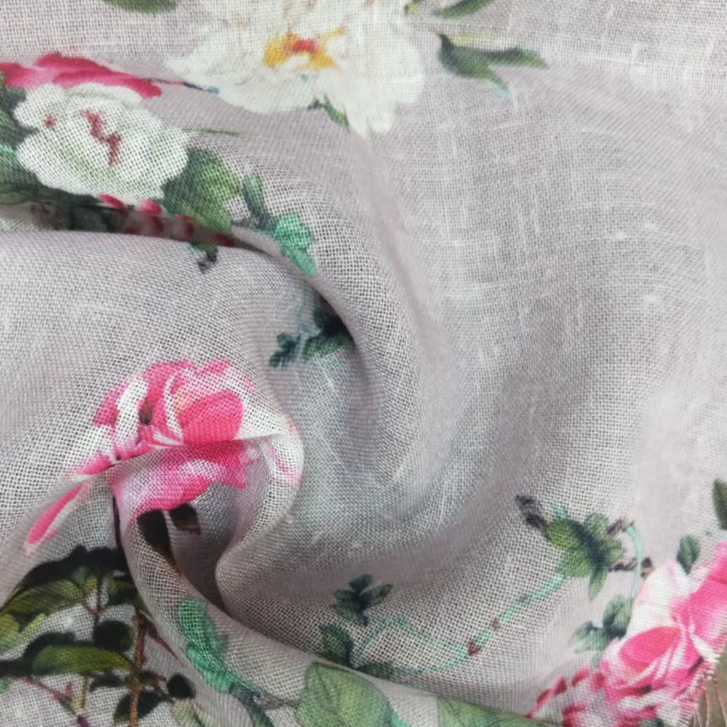 Floral Printed Fabric Material Floral Linen Grey