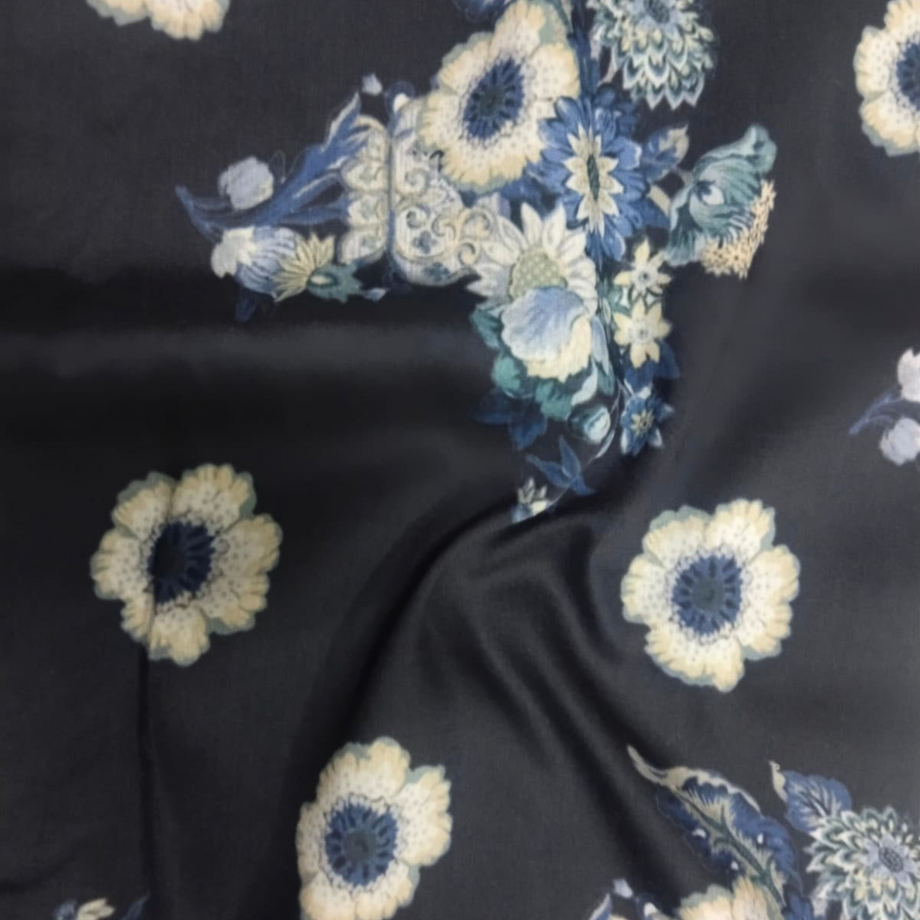 Floral Printed Fabric Material Floral Chanderi Blue