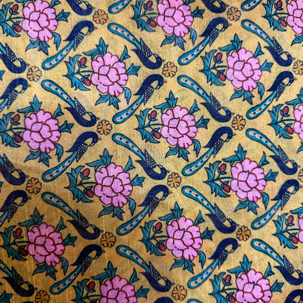 Small Floral & Peacock Print in Aşsam Silk Fabric