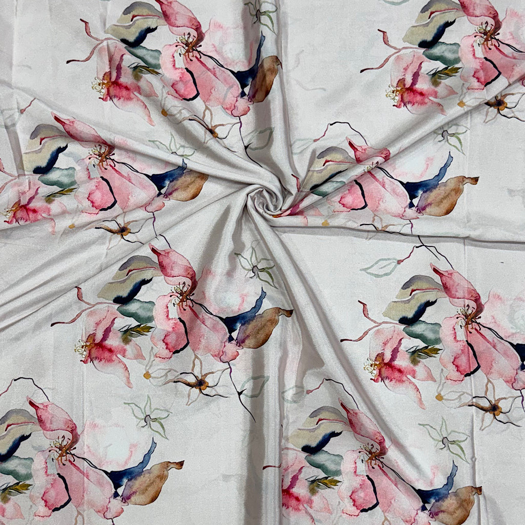 Cream English Floral Print on Crepe Silk Fabric OM DW 78 C1