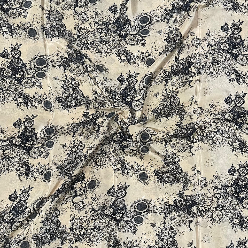 Bhumika Print with Ivory Gold Base color & Black Flower on Pure Natural Crepe