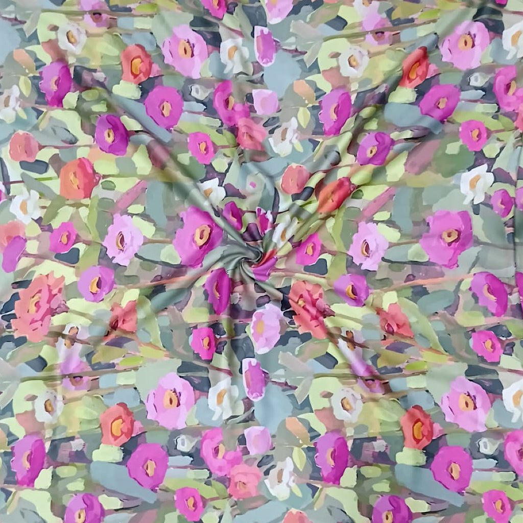 Multi Colour English Brush Paint Effect Floral Print on Satin WhiteOut Fabric OM SS 126