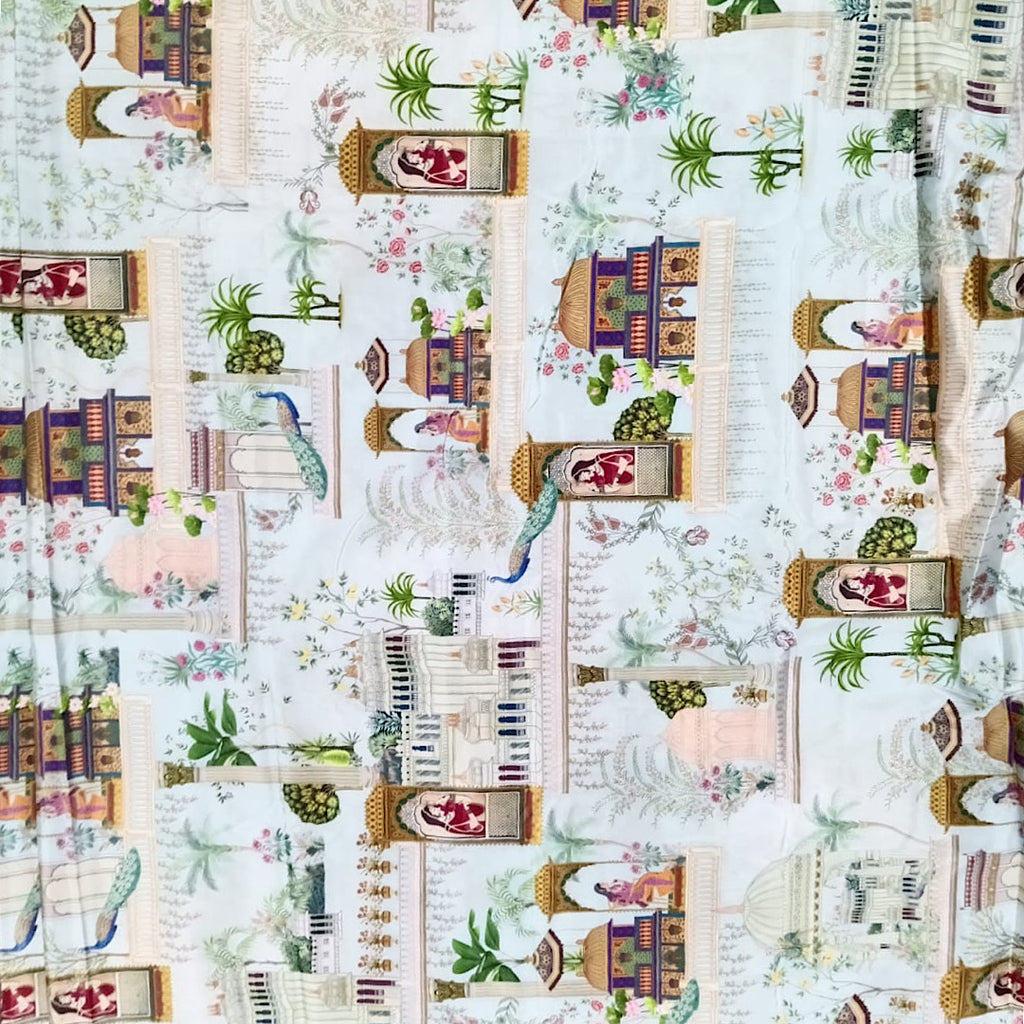 Tropical Print with woman in Arch & Peacock on Light Blue Base Color on Crepe Silk Fabric OM SS 809