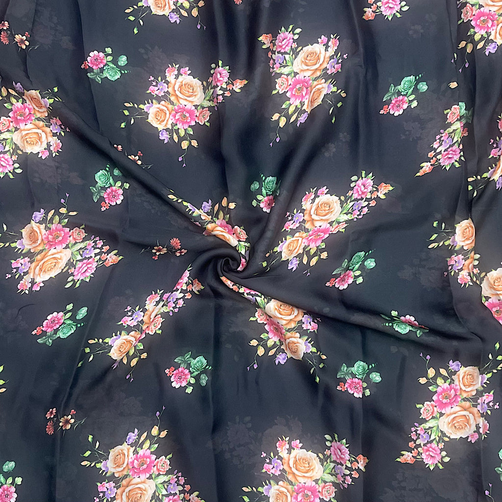 Black Color Floral Bunch Print on Soft Organza TK 514 C1