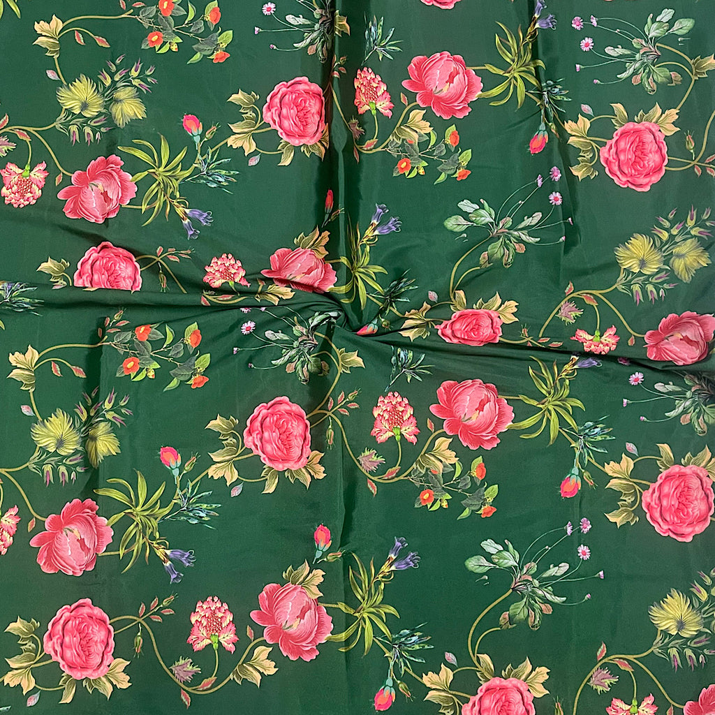 Gazal Floral Print on Green Base with Pink Flower on Crepe Silk OM SG 133 GREEN