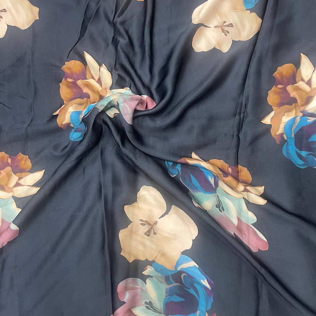 Olive Green big Floral Print by Yam on Pure Modal Satin with Color options