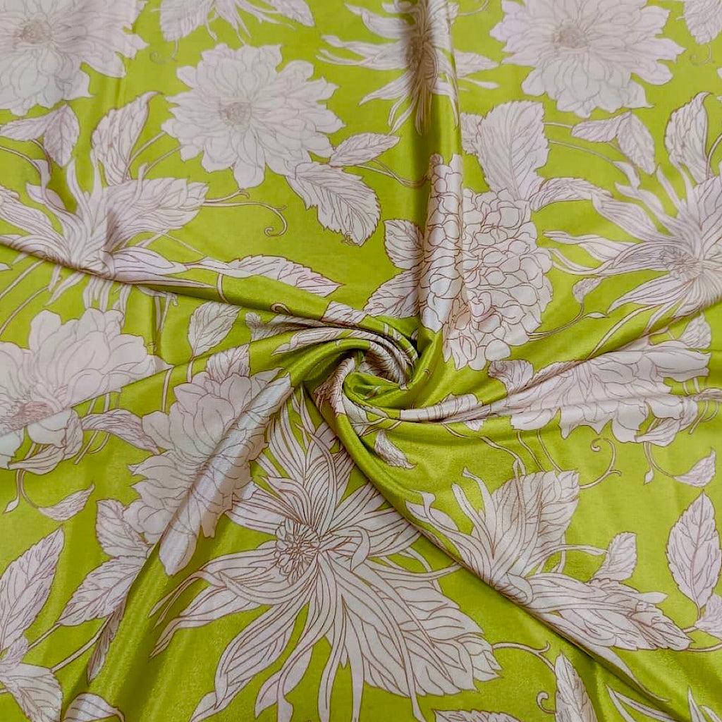 New Green with Cream Floral Print on Pure Natural Crepe TK 370