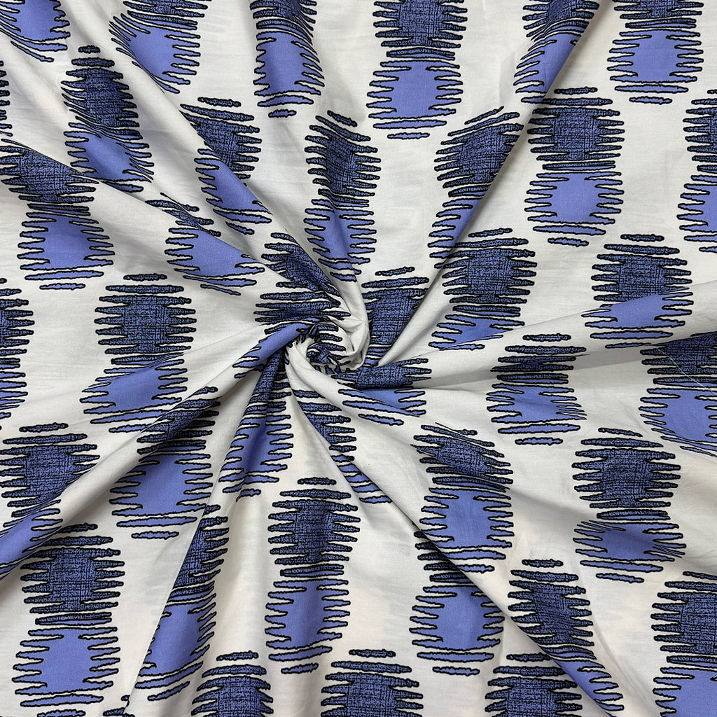 Dhruv Kapoor Abstract  Print with Modern Oval Motif White Color Base & Light Lavender Blue, Gray Blue on Pure Cotton Poplin OM PS 401
