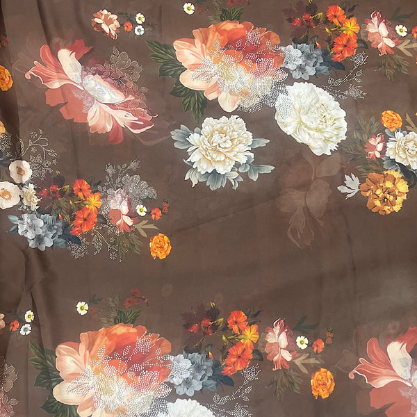 New Chocolate Brown Floral Print on Satin Georgette Fabric