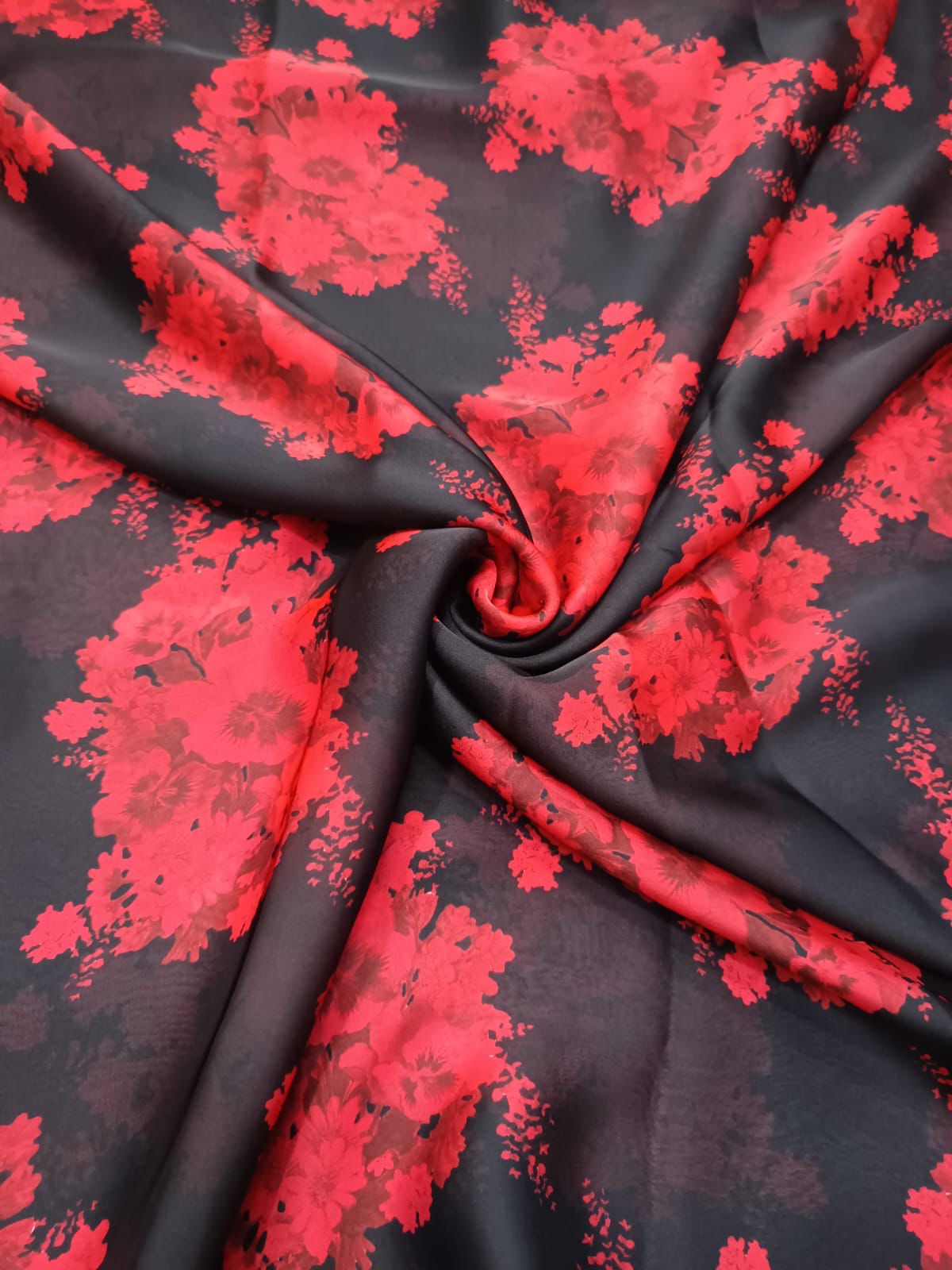 Black with Red Floral Print on Satin Georgette PK 253