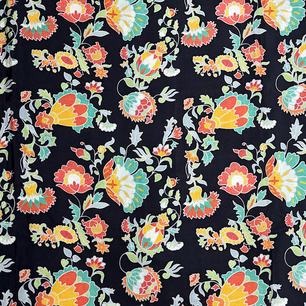 Black Floral Embroidery Print on Crepe Silk Fabric OM DW 84 C1