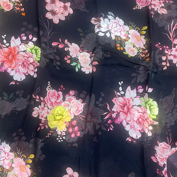 Rimple Black Floral Print on Pure Viscose Organza