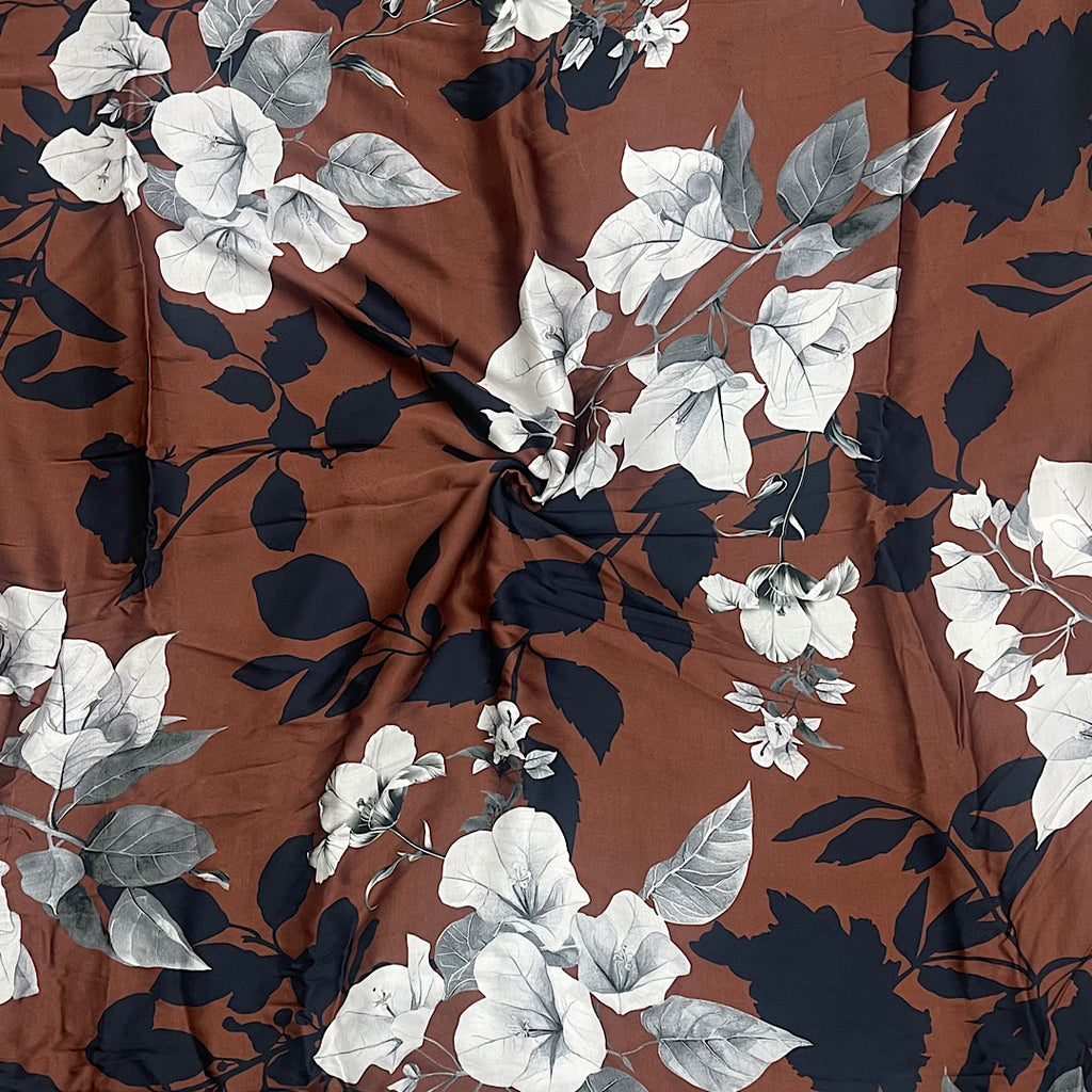 Aza New Floral Print with Brown Base with White Gray & Black Floral on Pure Modal Satin