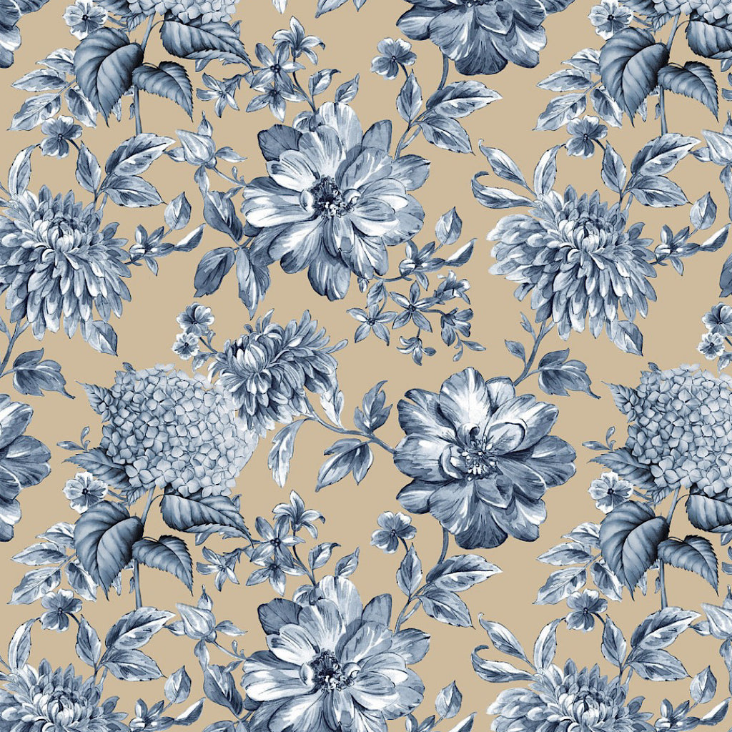 Roshni Big Floral Print in Camel Base Colour with Grey Blue Floral on Pure Cotton Poplin