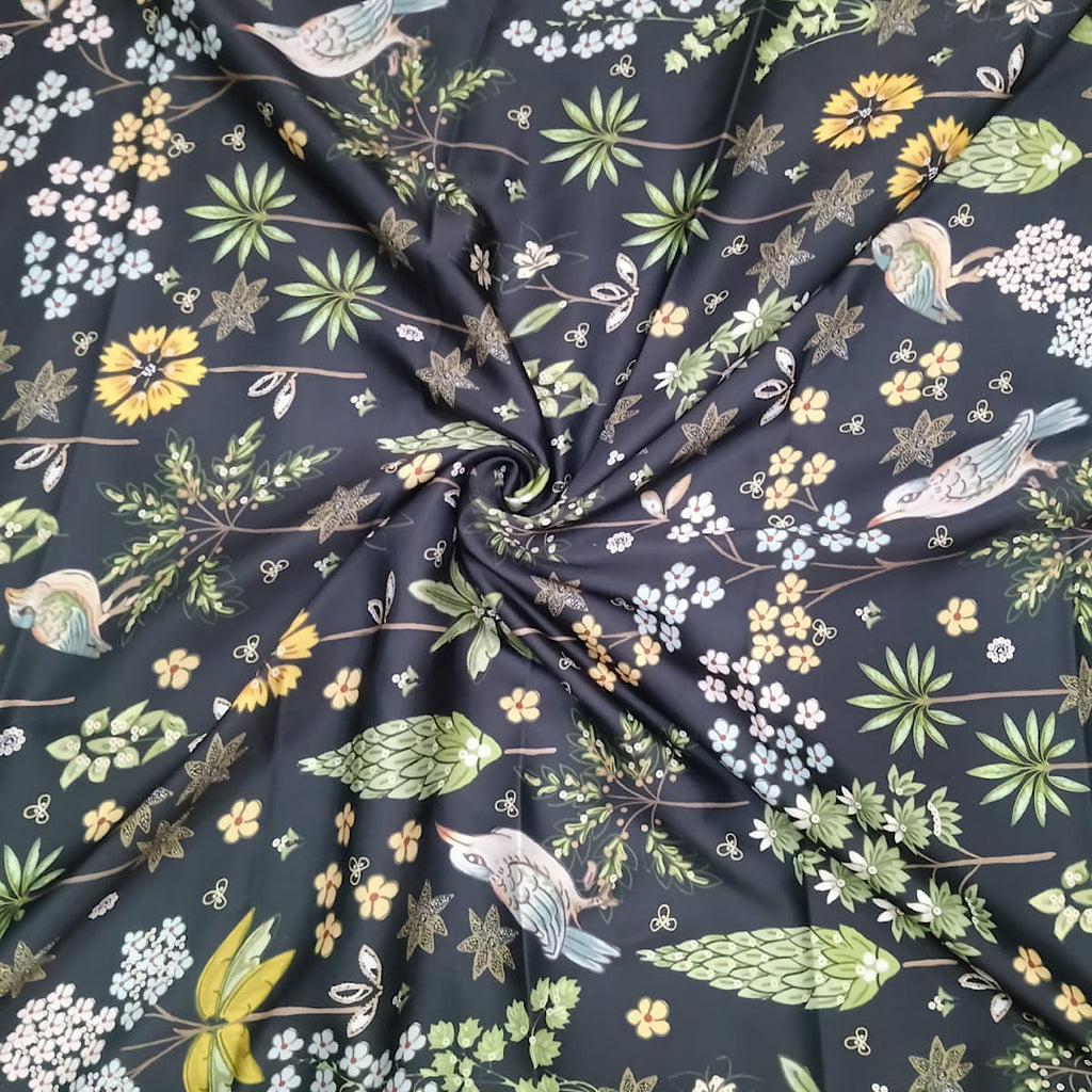 Anita Bird & Floral Small Print in Black Color on Armani Satin Fabric
