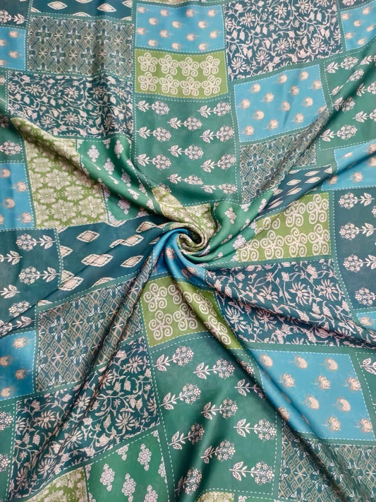 Green Colour Traditional Boxes Print on Satin Georgette OM DW 62