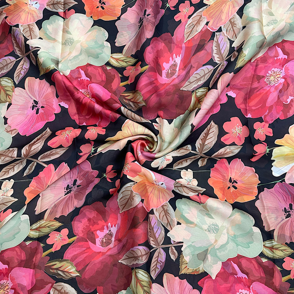 Deepika Black base with Multicolour Floral Print on Satin Georgette
