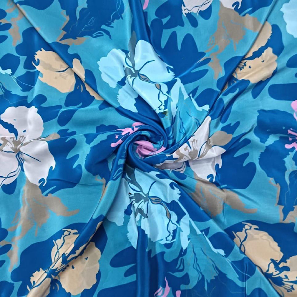 Blue English Floral Print on Pure Natural Crepe TK 354