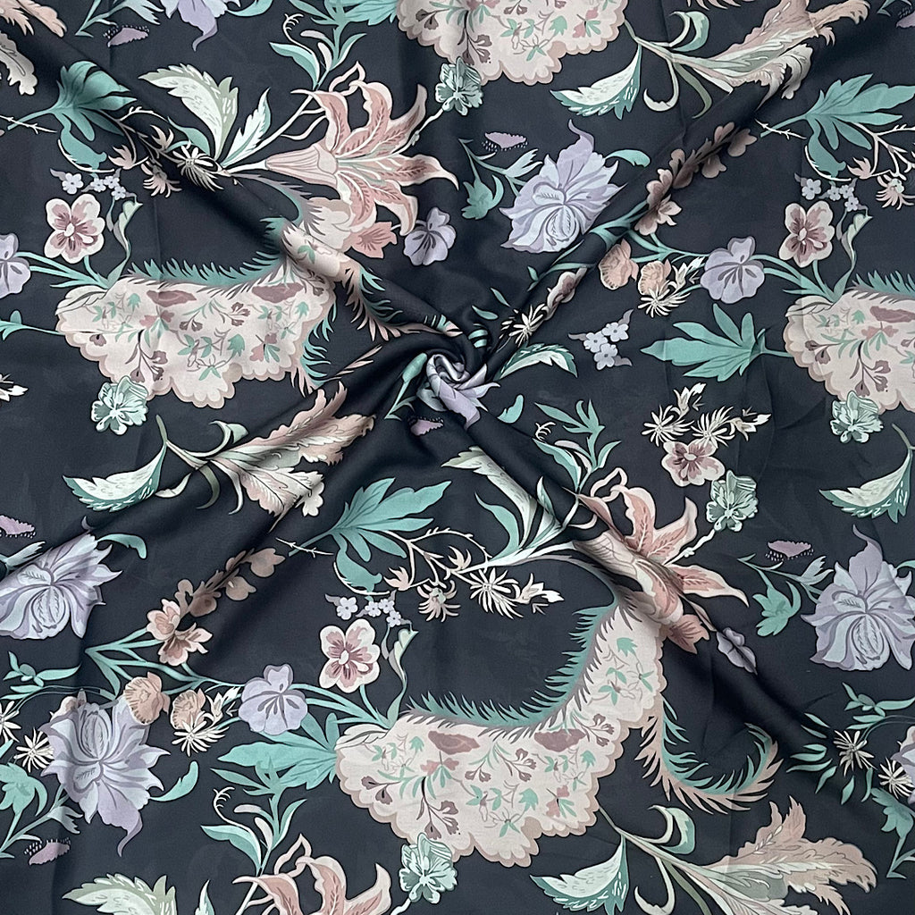 Mahima Floral Bunch Print with Black Base color on Satin Georgette