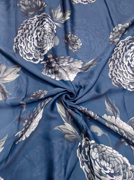 Dark Blue Big Floral Gazal Cord Print on Satin Georgette OM SG 134