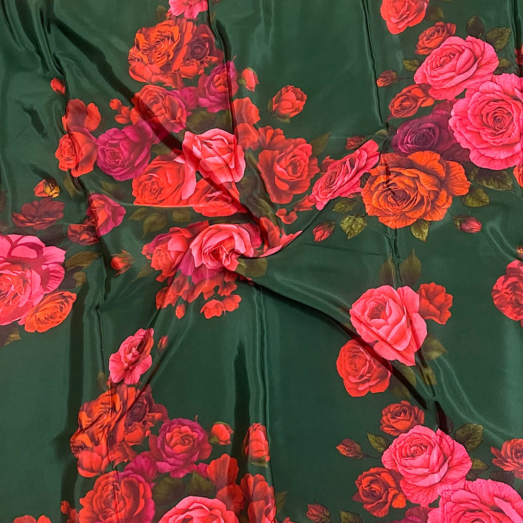 Floral Print with Dark Green Base Color on Pure Natural Crepe