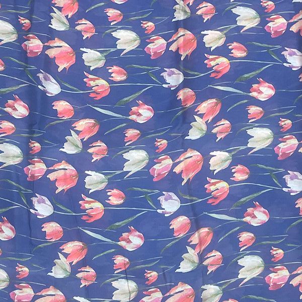 Navy Blue Poppy Floral Print on Soft Organza OM PS 307 C1