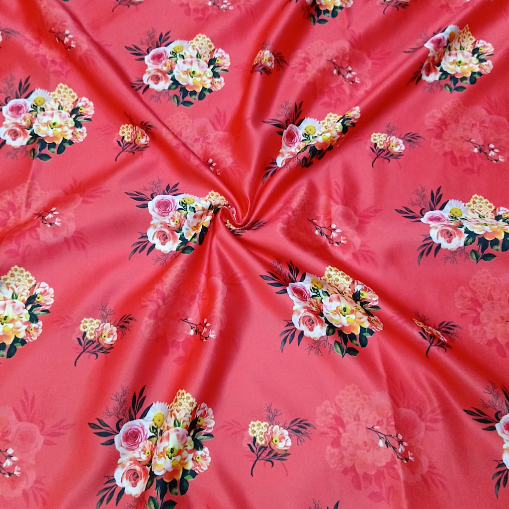 Tomato Red Colour Base Floral Print on Dull Satin OM PK 1424