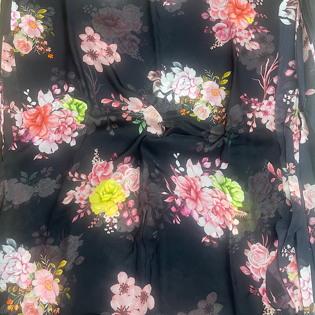Rimple Black Floral Print on Pure Viscose Organza