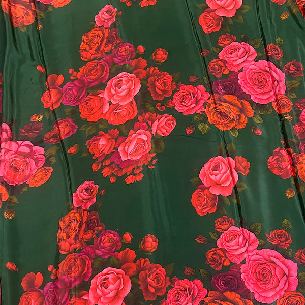 Floral Print with Dark Green Base Color on Pure Natural Crepe