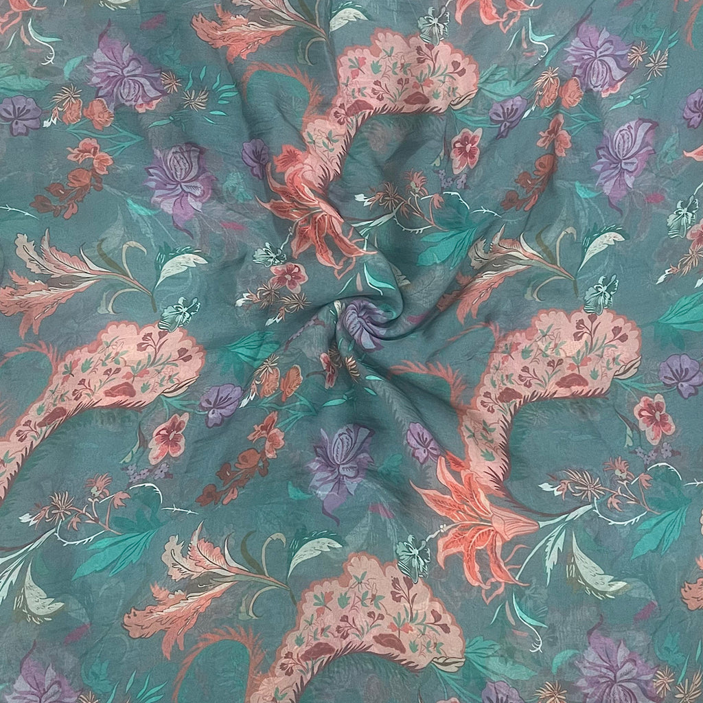 Mahima Floral Bunch Print with Green Base color Pure Viscose Organza
