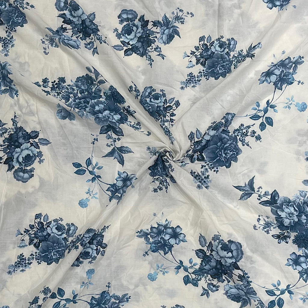 Blue Floral Print on Ivory White Base on Pure Cotton Cambric OM RJ 1121