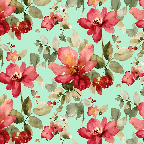 Sea Green with Red Floral Print on Pure Natural Crepe OM PS 75