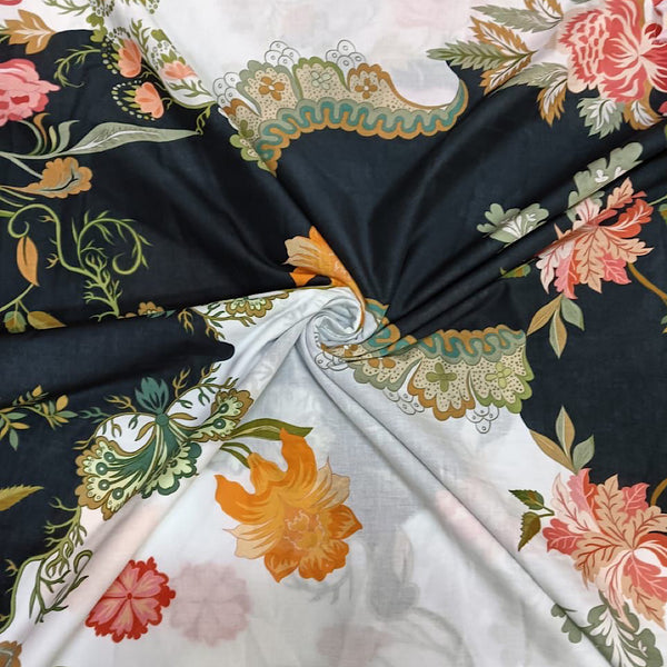 Black & White Abstract Floral Print on Pure Cotton Cambric & Natural Crepe OM SG 64