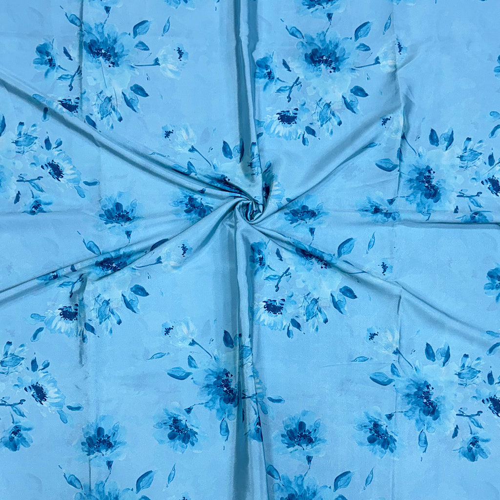 Blue with Blue Floral Print on Crepe Silk Fabric OM DW 79 C1