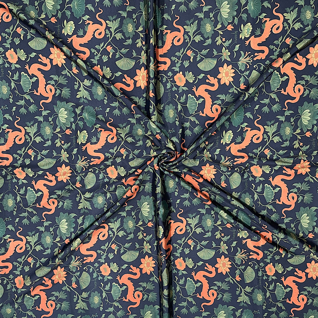 Kareena Dragon Flower Print with Black Base on Pure Natural Crepe