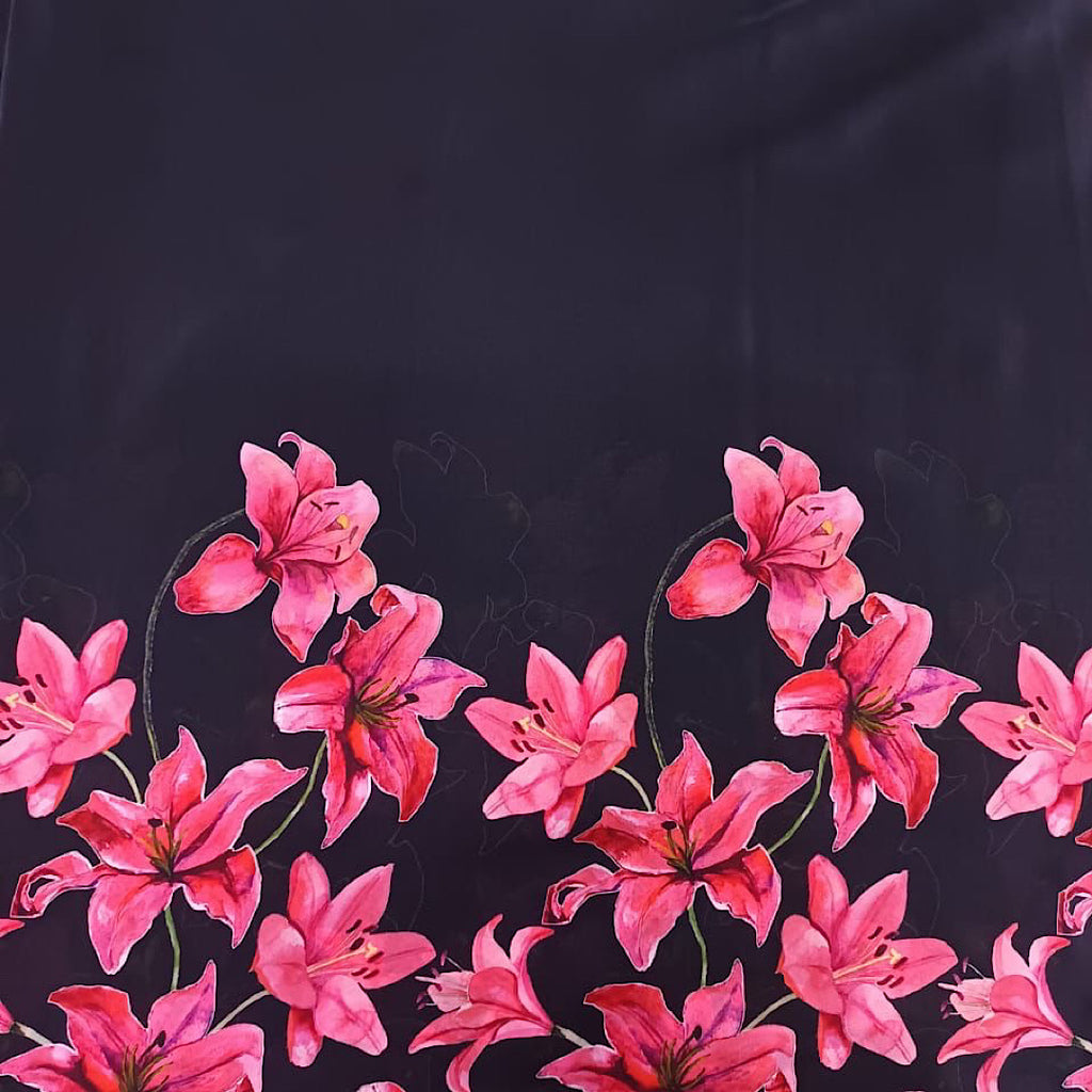 Black with Pink Floral Daaman Print on Pure Natural Crepe OM PS 63