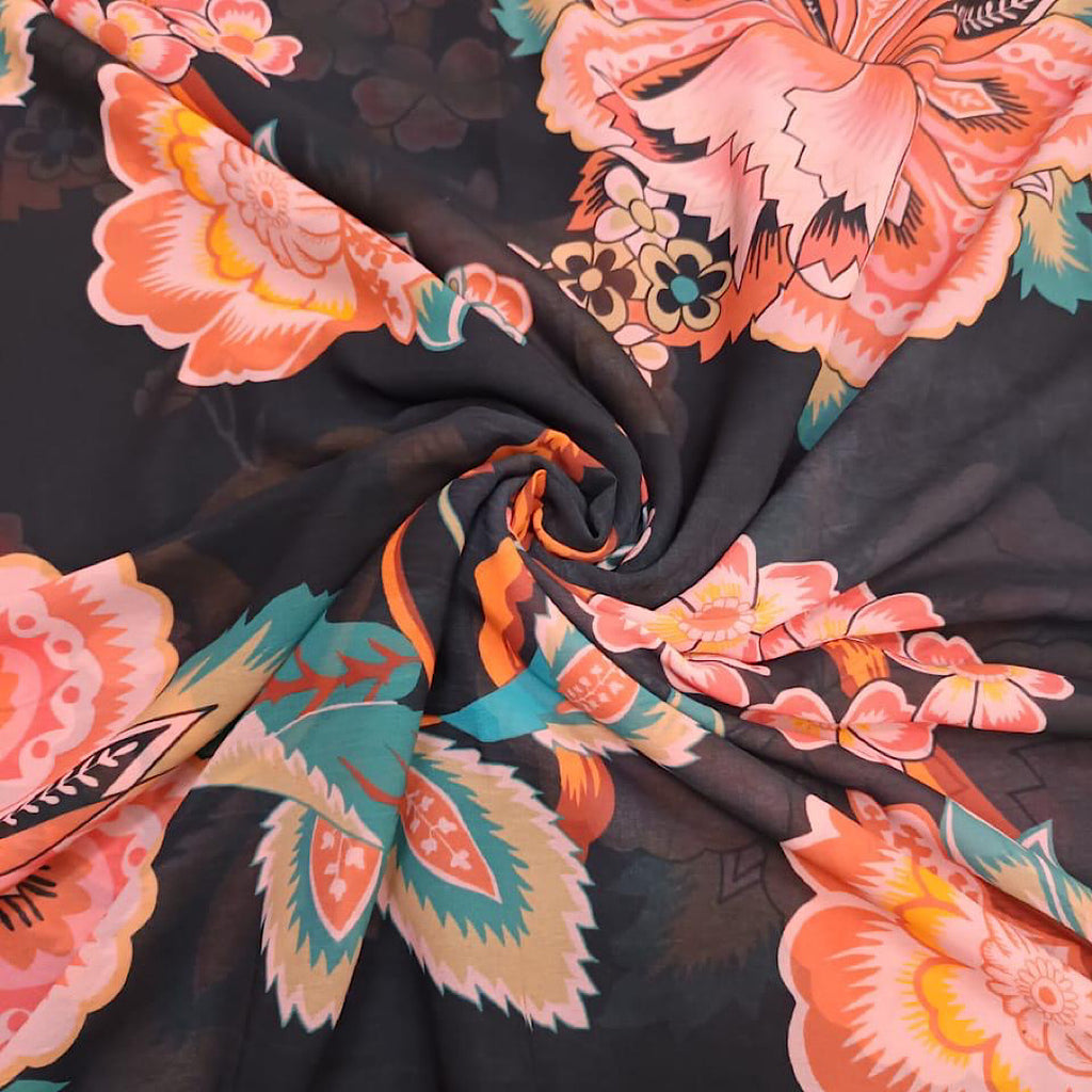 Black Big Floral Print on Soft Organza & Georgette OM PS 27