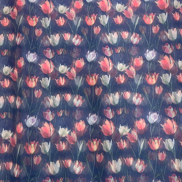 Navy Blue Poppy Floral Print on Soft Organza