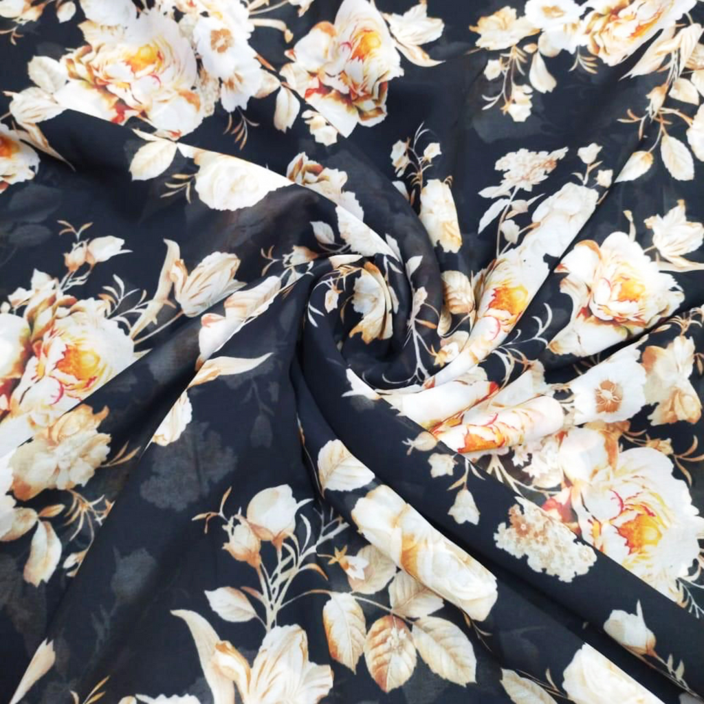 Exquisite Blooms on Satin Georgette: Embrace the Floral Fantasy!