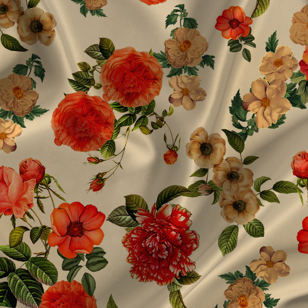 Blooming Elegance: Satin Georgette's Floral Botanical Motifs Flourish with Beauty, Crafted by OM Fabs!