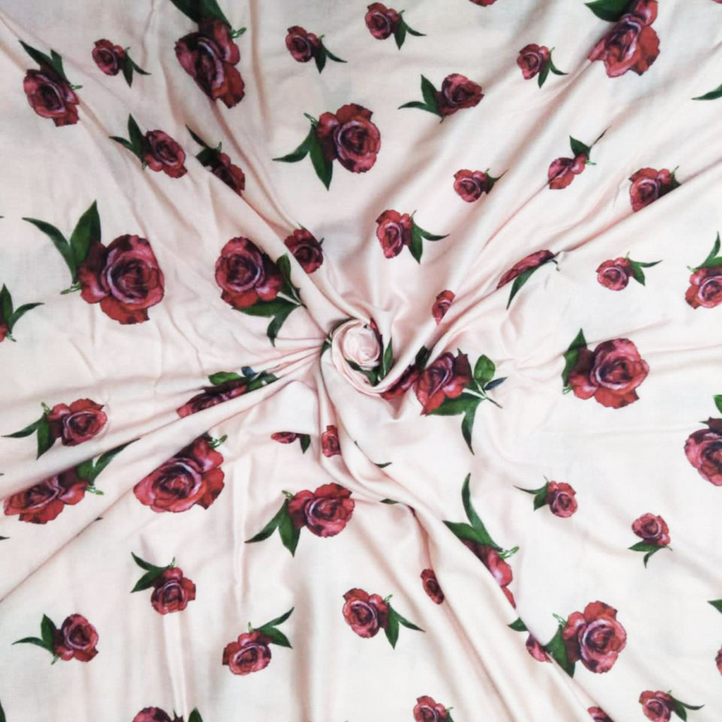 Rose Garden Elegance: Satin Georgette Fabric Adorned with Floral Rose Patterns