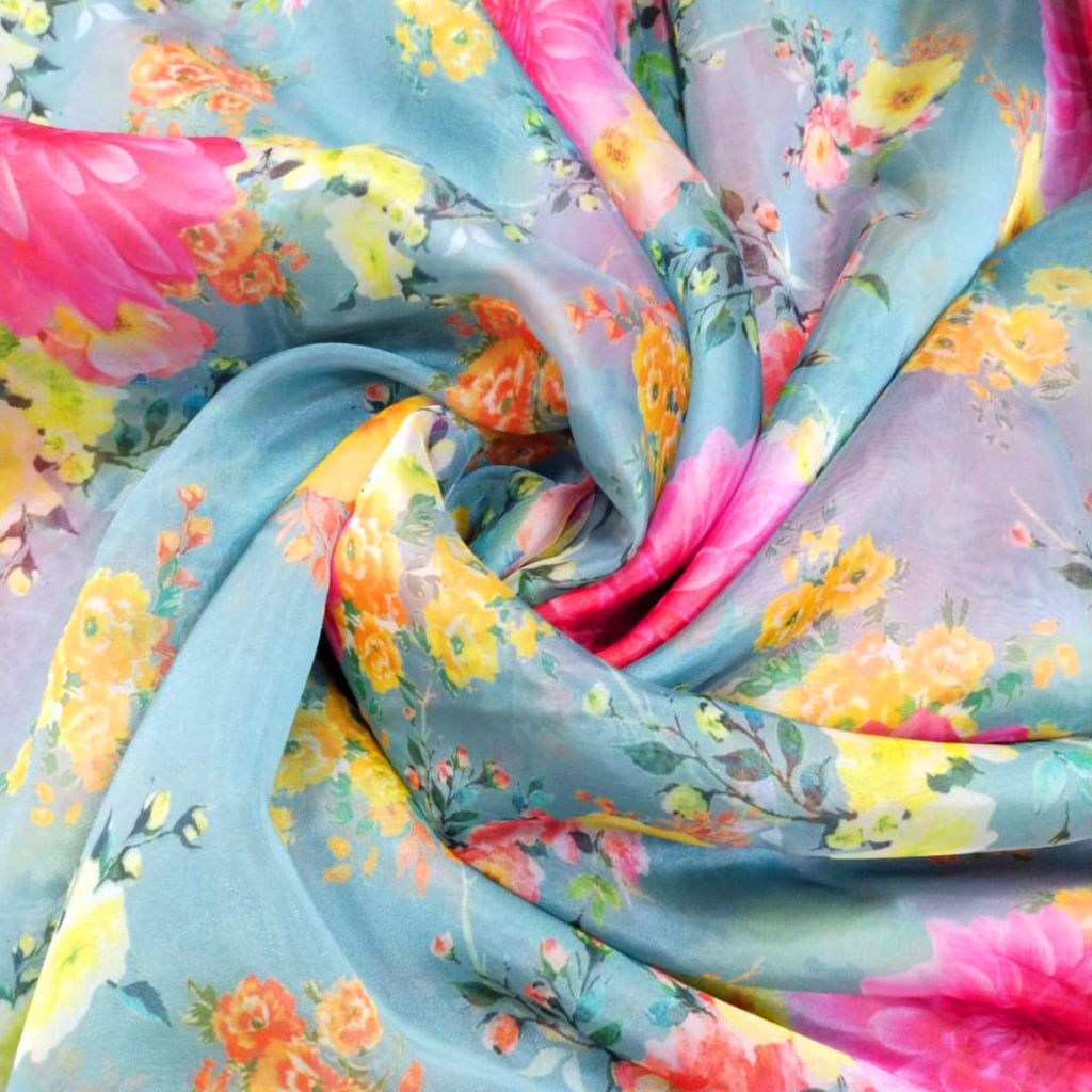 Exquisite Blossoms: Captivating Floral Patterned Soft Organza Fabric by Om Fabs