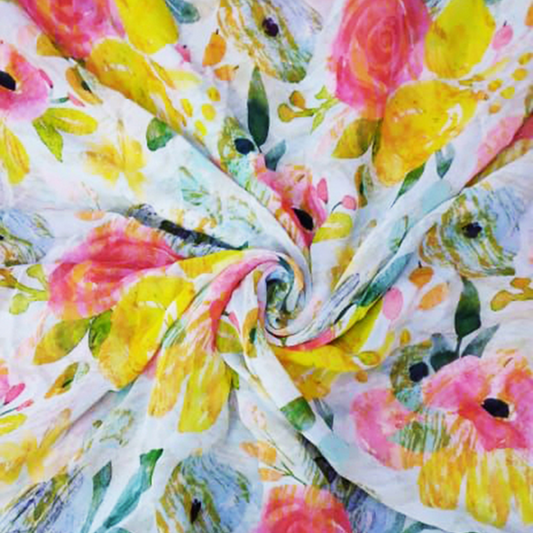 Enchanting Blooms: Embracing the Floral Watercolor Symphony on Viscose Georgette