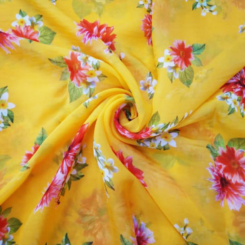 Whispering Petals: Pure Chinon Chiffon's Floral Patterned Fabric for Delicate Grace