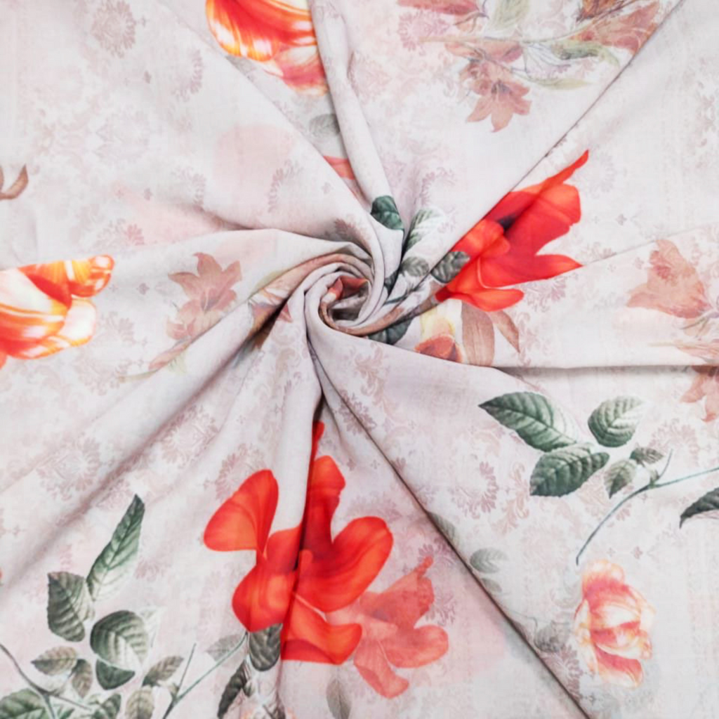 Blossom Dreams: Satin Georgette Fabric Adorned with Floral Patterns