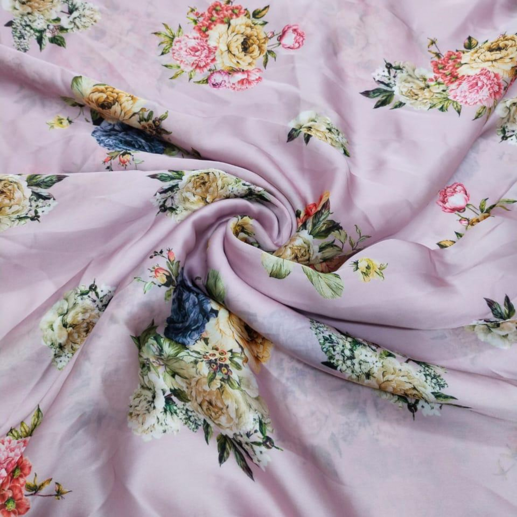 Whispering Petals: Satin Georgette's Floral Tapestry Unveils a World of Elegance with OM Fabs' Artistic Brilliance!